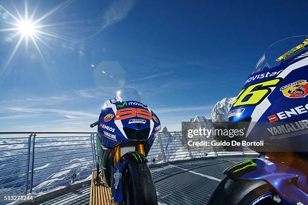 The 2016 Yamaha YZR-M1s of Jorge Lorenzo and Valentino Rossi are pictured on the panoramic terrace of Punta Helbronner cable car station with the...