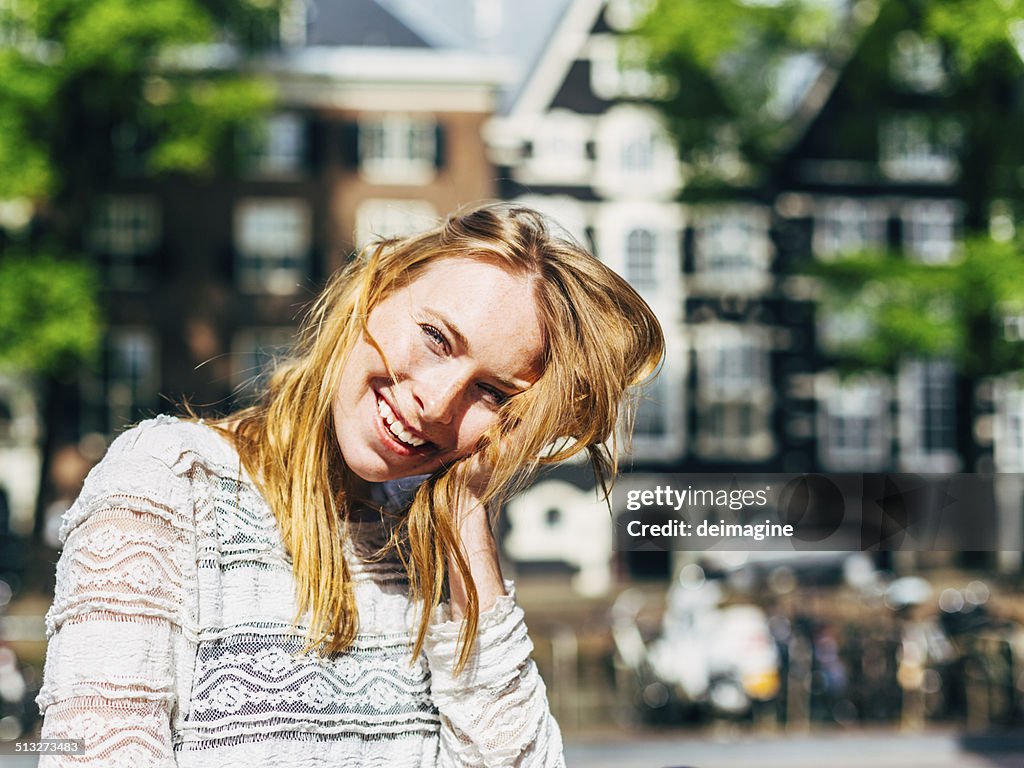 Dutch woman happy smiles, Amsterdam