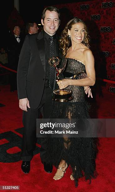 Actors Matthew Broderick and his wife Sarah Jessica Parker attend HBO's Post Emmy Party at the Pacific Design Centre on September 19, 2004 in Los...