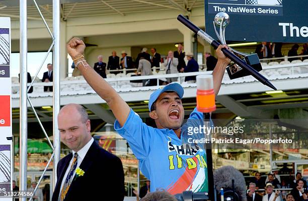 The captain of India, Sourav Ganguly, celebrates winning the NatWest Series Final between England and India at Lord's, London, 13th July 2002. India...