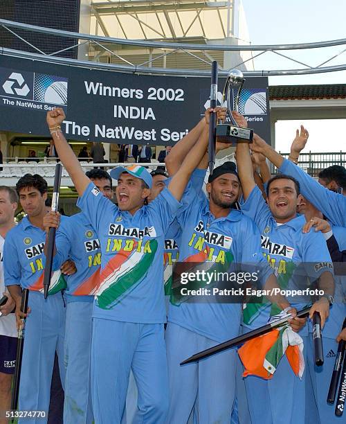 The Indian team, with captain Sourav Ganguly, celebrate winning the NatWest Series Final between England and India at Lord's, London, 13th July 2002....