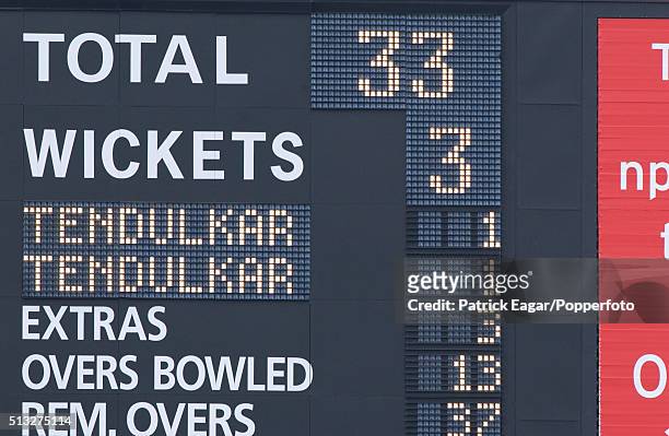 The scoreboard shows two Tendulkars during the Indian innings of the NatWest Series One Day International between India and Sri Lanka at Edgbaston,...