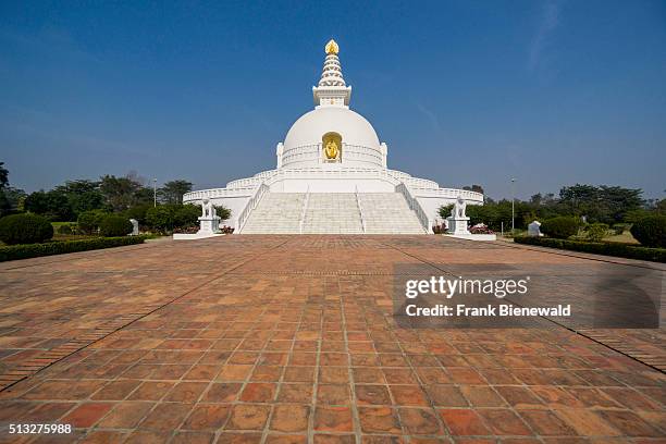 The Japanese Peace Pagoda, one of the many international Buddhist temples surrounding the birthplace of Siddhartha Gautama, the present Buddha.