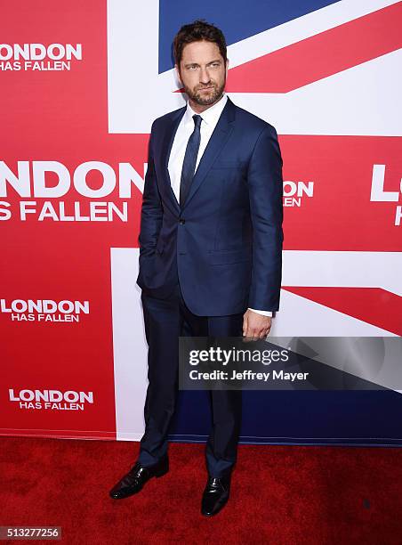 Actor Gerard Butler attends the premiere of Focus Features' 'London Has Fallen' held at ArcLight Cinemas Cinerama Dome on March 1, 2016 in Hollywood,...