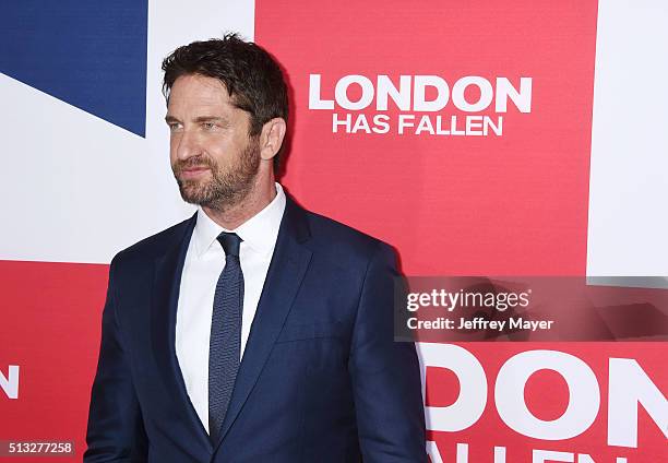 Actor Gerard Butler attends the premiere of Focus Features' 'London Has Fallen' held at ArcLight Cinemas Cinerama Dome on March 1, 2016 in Hollywood,...