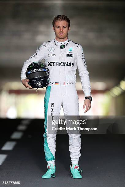 Nico Rosberg of Germany and Mercedes GP poses during day two of F1 winter testing at Circuit de Catalunya on March 2, 2016 in Montmelo, Spain.