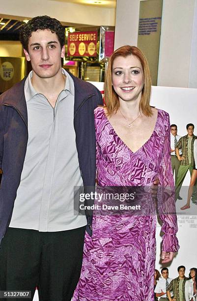 Jason Biggs and Alyson Hannigan attend the UK Premiere of "American Pie 2" at The Odeon Cinema followed by the party at Titanic Restaurant on...