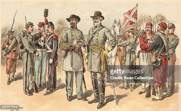 Illustration shows Confederate uniforms of the American Civil War. The uniforms shown are North Carolina militia, Regular infantry private,...
