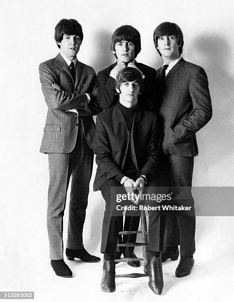 Group portrait of the Beatles in a studio in Farringdon, London, late 1964. Clockwise from top left: Paul McCartney, George Harrison, John Lennon,...