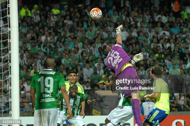 Franco Armani goalkeeper of Nacional makes a save during a group stage match between Atletico Nacional and Sporting Cristal as part of Copa...