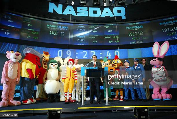 Advertising icons appear at the NASDAQ MarketSite to kick off Advertising Week September 20, 2004 in New York City. Advertising Week is a weeklong...