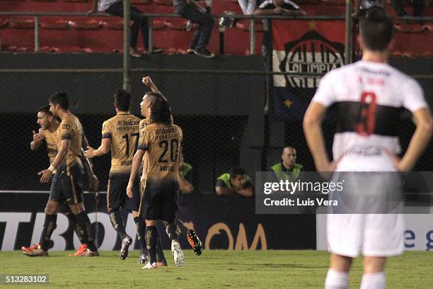 Ismael Sosa of UNAM Pumas celebrates after scoring the second goal of his team during a match between Olimpia and Pumas UNAM as part of Copa...