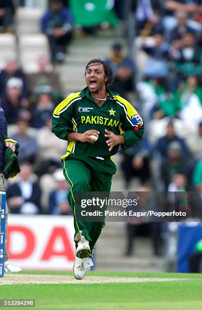 Shaoib Akhtar of Pakistan celebrates after catching West Indies batsman Wavell Hinds off his own bowling during the ICC Champions Trophy Semi Final...