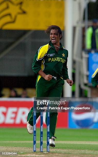 Shoaib Akhtar of Pakistan celebrates the dismissal of Mohammad Kaif of India during the ICC Champions Trophy match between India and Pakistan,...