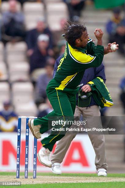 Shoaib Akhtar of Pakistan catches West Indies batsman Wavell Hinds off his own bowling during the ICC Champions Trophy Semi Final between Pakistan...