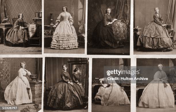 Series of images depicting Victorian women wearing crinolines,circa 1860.