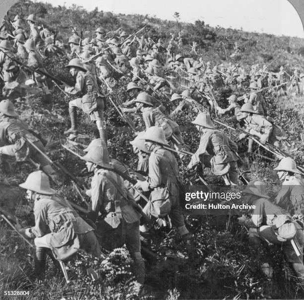 Half of a stereoscopic image depicting British troops advancing at Gallipoli, 6th August 1915.