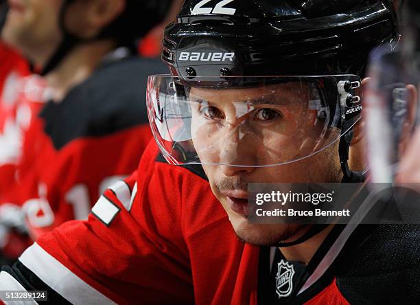 Jordin Tootoo of the New Jersey Devils waits for play to begin against the Carolina Hurricanes at the Prudential Center on March 1, 2016 in Newark,...