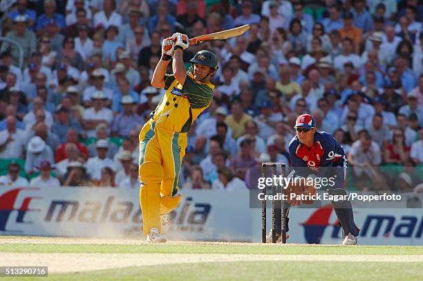 Adam Gilchrist batting during his innings of 121 not out in the NatWest Challenge One Day International between England and Australia at The Oval,...