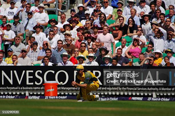 The crowd react as Jason Gillespie of Australia drops Andrew Strauss off Michael Kasprowicz during the NatWest Challenge One Day International...