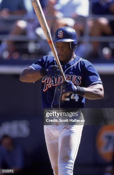 Rickey Henderson of the San Diego Padres stepping up to bat during the game against the Arizona Diamondbacks at Qualcomm Stadium in San Diego,...