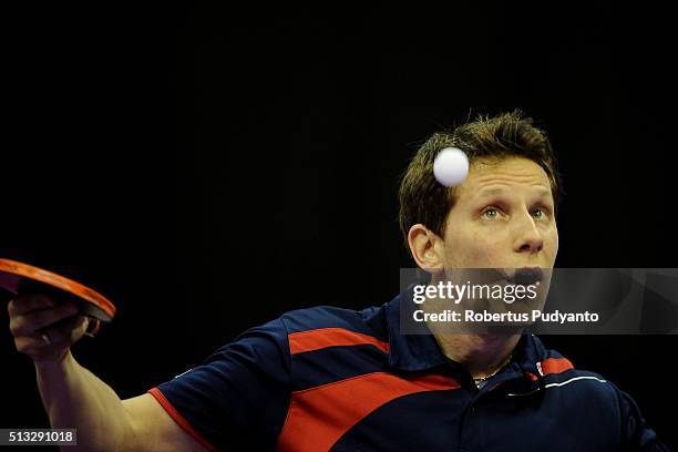 Robert Gardos of Austria competes against Ma Long of China during the 2016 World Table Tennis Championship Men's Team Division Round 5 match at...