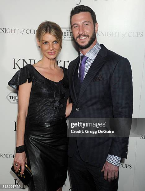 Angela Lindvall and Pablo Schreiber arrive at the premiere of Broad Green Pictures' "Knight Of Cups" on March 1, 2016 in Los Angeles, California.