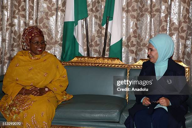 Turkish President Recep Tayyip Erdogan's wife Emine Erdogan meets with Nigerian President Muhammadu Buhari's wife Aisha Buhari within Turkish...