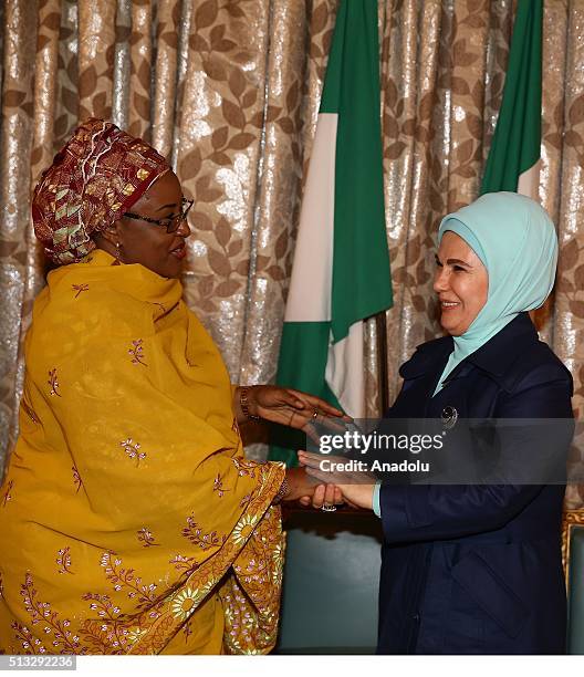 Turkish President Recep Tayyip Erdogan's wife Emine Erdogan meets with Nigerian President Muhammadu Buhari's wife Aisha Buhari within Turkish...