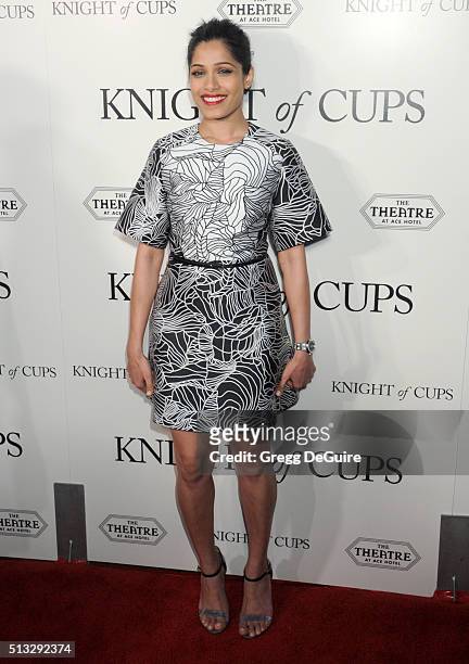 Actress Freida Pinto arrives at the premiere of Broad Green Pictures' "Knight Of Cups" on March 1, 2016 in Los Angeles, California.