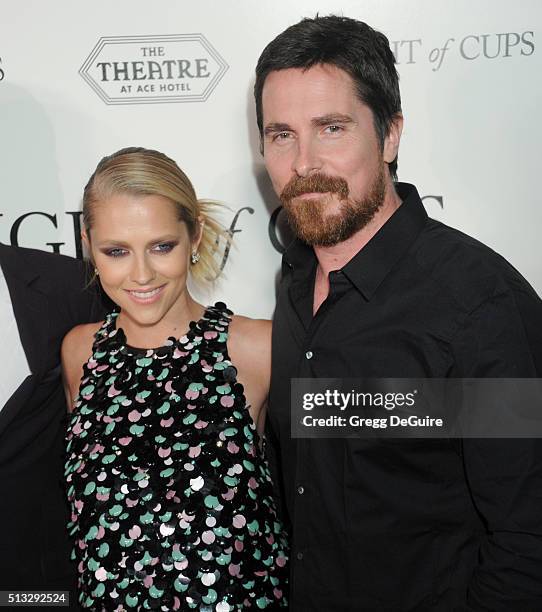 Actors Teresa Palmer and Christian Bale arrive at the premiere of Broad Green Pictures' "Knight Of Cups" on March 1, 2016 in Los Angeles, California.