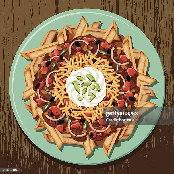 chili cheese fries - cheese shreds stock illustrations