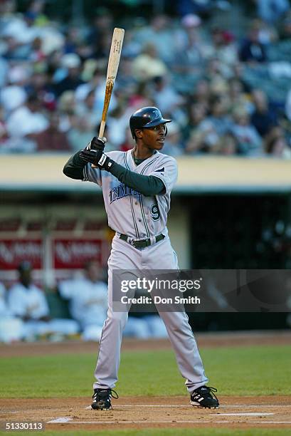 Upton of the Tampa Bay Devil Rays bats during the MLB game against the Oakland A's at the Network Associates Coliseum on August 27, 2004. The...