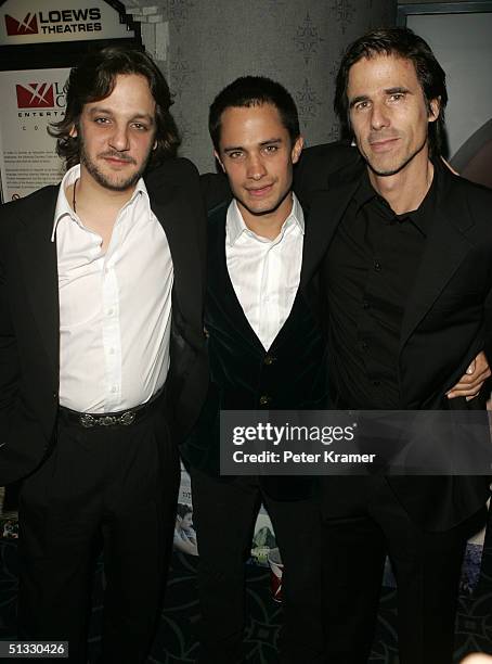 Actors Rodrigo de la Serna, Gael Garcia Bernal and Director Walter Salles attend the premiere of "The Motorcycle Diaries" hosted by Focus Features...