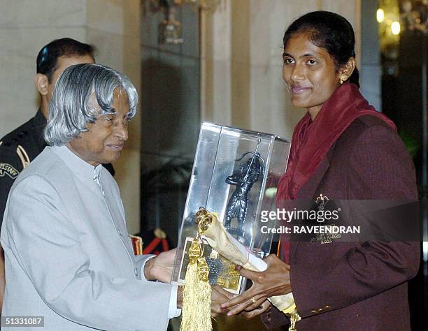 Indian Athlete Soma Biswas receives the prestigious Arjuna Award, from Indian President A.P.J. Abdul Kalam during an awards function at the...