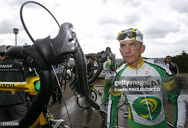 Photo prise le 01 juillet 2004 a Herstal du coureur cycliste americain Tyler Hamilton, champion olympique du contre-la-montre, qui a fait l'objet...