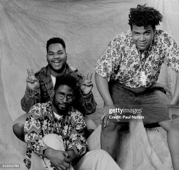 Portrait of American hip hop group De La Soul posed backstage at the University of Illinois' Chicago Pavilion, Chicago, Illinois, May 25, 1989....