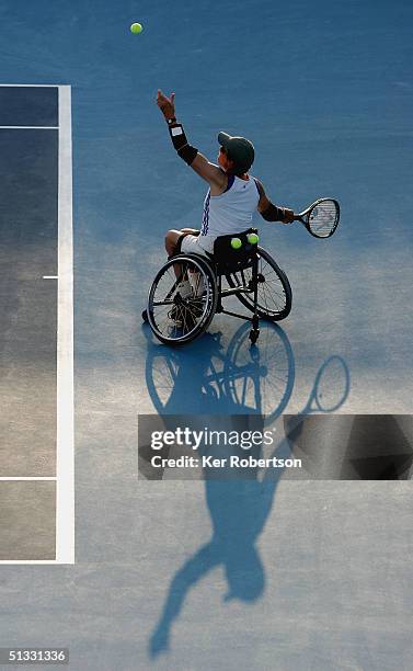 Janet McMorran of Great Britain competes in the Women's Singles Tennis Tournament during the Athens 2004 Paralympic Games at the Olympic Sports...