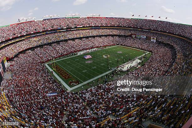 An aerial view of FedEx Field taken during NFL week one between the Washington Redskins and the Tampa Bay Buccaneers at FedEx Field on September 12,...