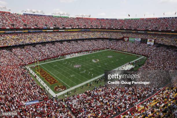An aerial view of FedEx Field taken during NFL week one between the Washington Redskins and the Tampa Bay Buccaneers at FedEx Field on September 12,...