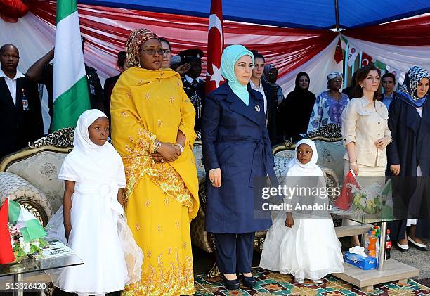 Turkish President Recep Tayyip Erdogan's wife Emine Erdogan and Nigerian President Muhammadu Buhari's wife Aisha Buhari attend the opening ceremony...