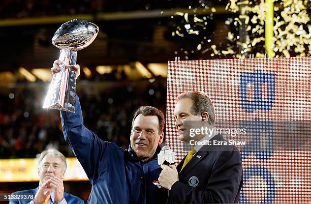 Head coach Gary Kubiak of the Denver Broncos celebrates with the Vince Lombardi Trophy after they defeated the Carolina Panthers during Super Bowl 50...