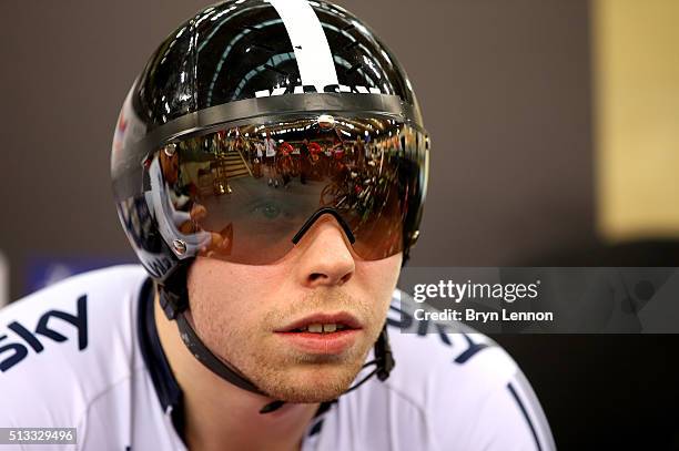 Philip Hindes of Great Britian gets ready to compete in the mens team sprint qualification round during the UCI Track Cycling World Championships at...