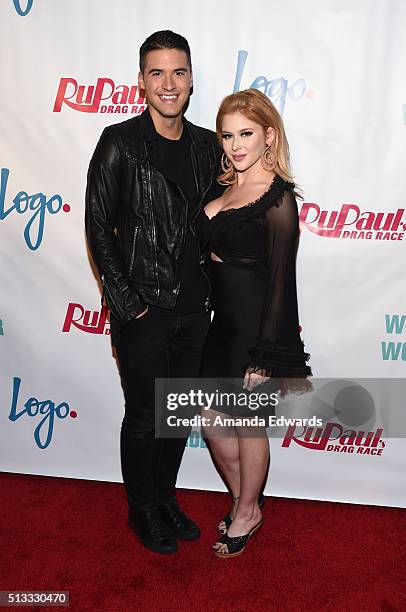 YouTuber Raymond Braun and actress Renee Olstead arrive at the premiere of Logo's "RuPaul's Drag Race" Season 8 at The Mayan Theater on March 1, 2016...