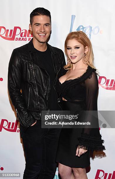 YouTuber Raymond Braun and actress Renee Olstead arrive at the premiere of Logo's "RuPaul's Drag Race" Season 8 at The Mayan Theater on March 1, 2016...