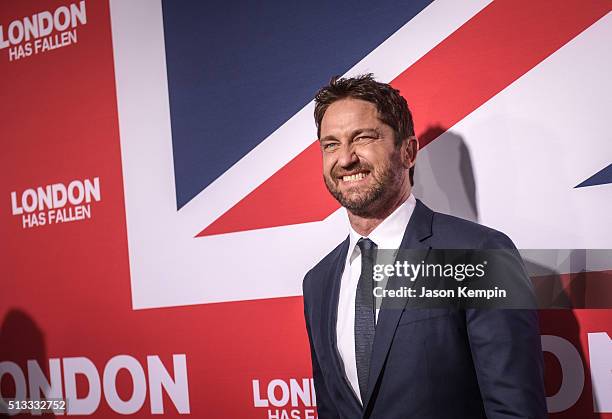 Actor Gerard Butler attends the premiere of Focus Features' "London Has Fallen" at ArcLight Cinemas Cinerama Dome on March 1, 2016 in Hollywood,...