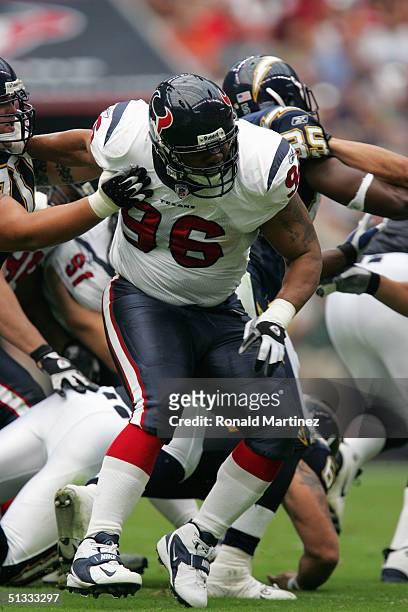 Gary Walker of the Houston Texans moves on the field during the game against the San Diego Chargers on September 12, 2004 at Reliant Stadium in...
