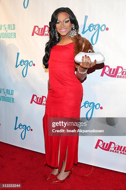 Drag queen Chi Chi DeVayne attends the premiere of Logo's 'RuPaul's Drag Race' season 8 at Mayan Theater on March 1, 2016 in Los Angeles, California.