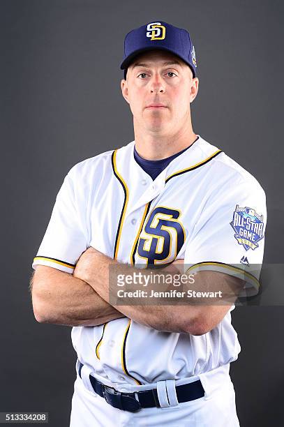 Catcher Erik Kratz of the San Diego Padres poses for a portrait during spring training photo day at Peoria Sports Complex on February 26, 2016 in...