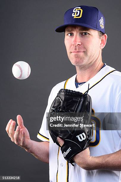 Pitcher Casey Janssen of the San Diego Padres poses for a portrait during spring training photo day at Peoria Sports Complex on February 26, 2016 in...